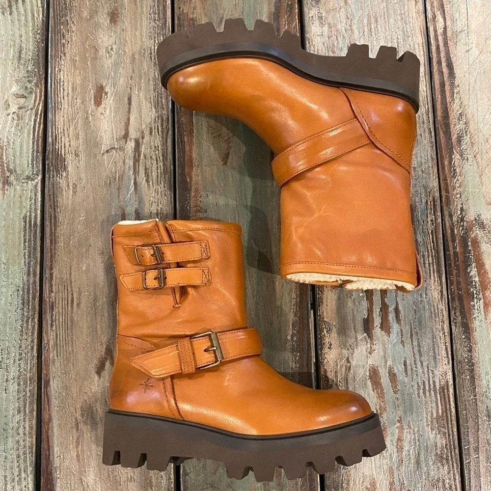 Ross & Snow Lucky Waterproof Cognac Leather Moto Ankle Boots Womens Size 6 Brown